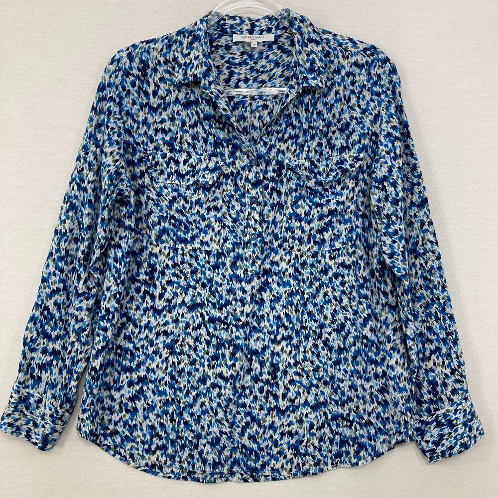 Gerard Darel size EU 38 Blue Abstract Print Pure Silk Long Sleeve Popover Blouse
